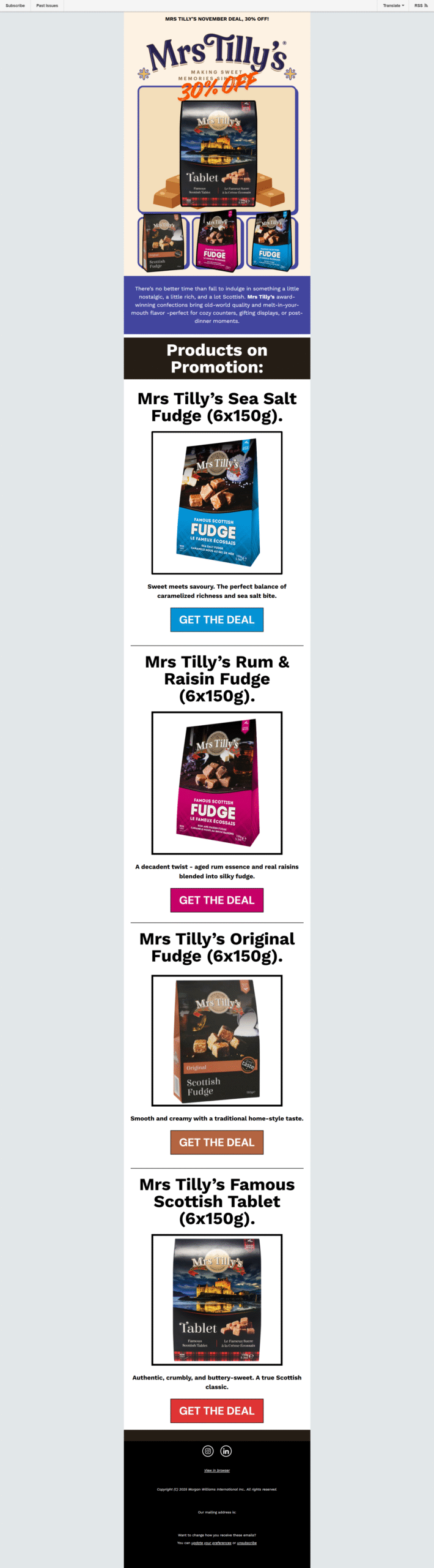 Mrs Tilly’s fudge Mailchimp campaign layout